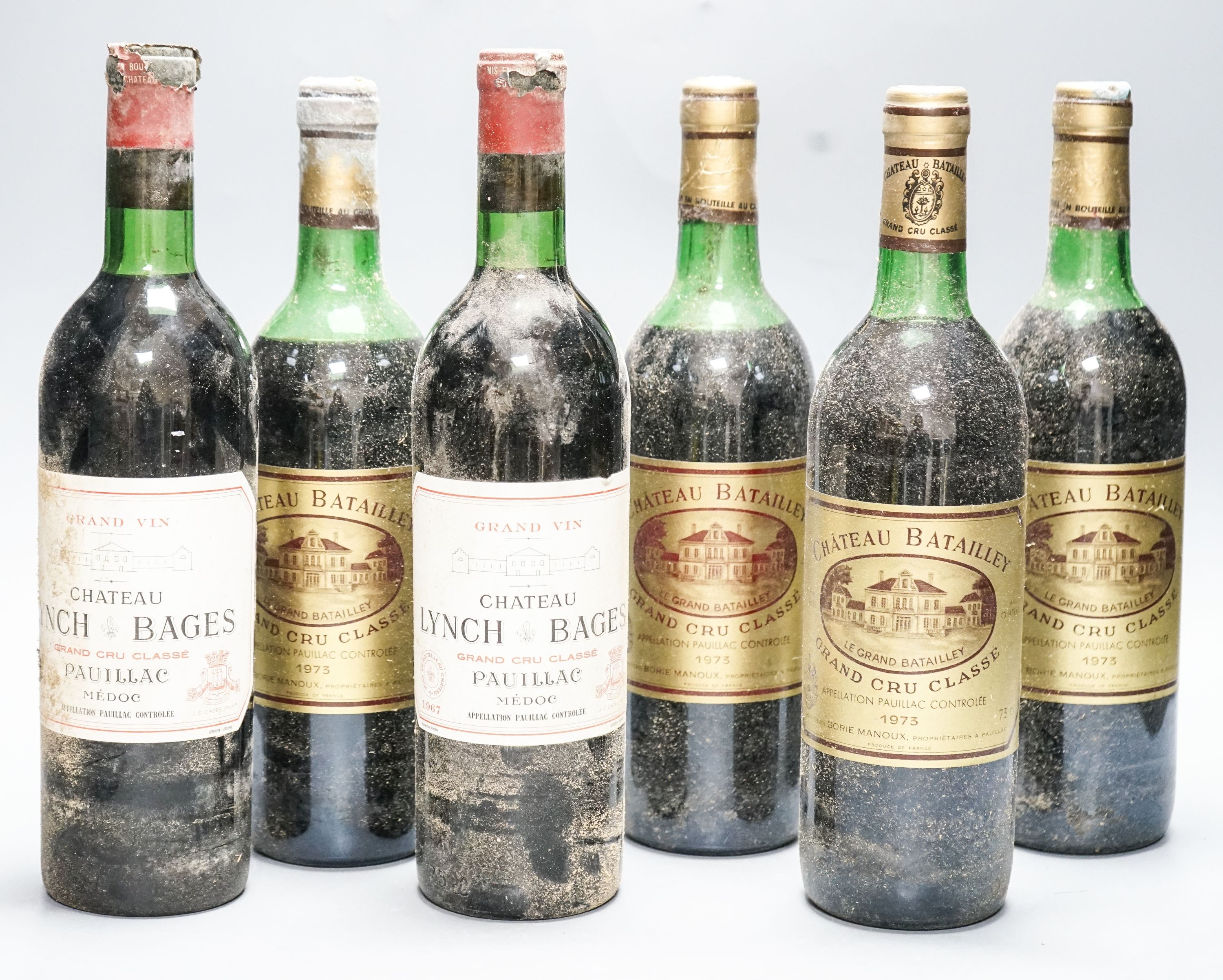Four bottles of Chateau Batailley grand cru 1973 and 2 bottles of Chateau Lynch Bages 1967